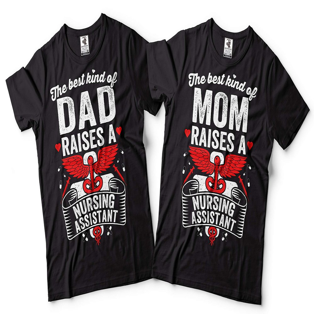 Nursing Assistant Dad Mom T-Shirt Nurse Mom Dad Couple Matching Tees Men Large - Women Small Black
