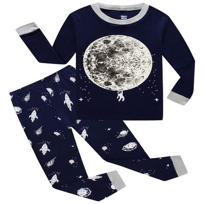 KikizYe Little Boys Glow in the Dark Moon Space Long Sleeve Pajamas 100% Cotton Sleepwear Toddler Size 3T