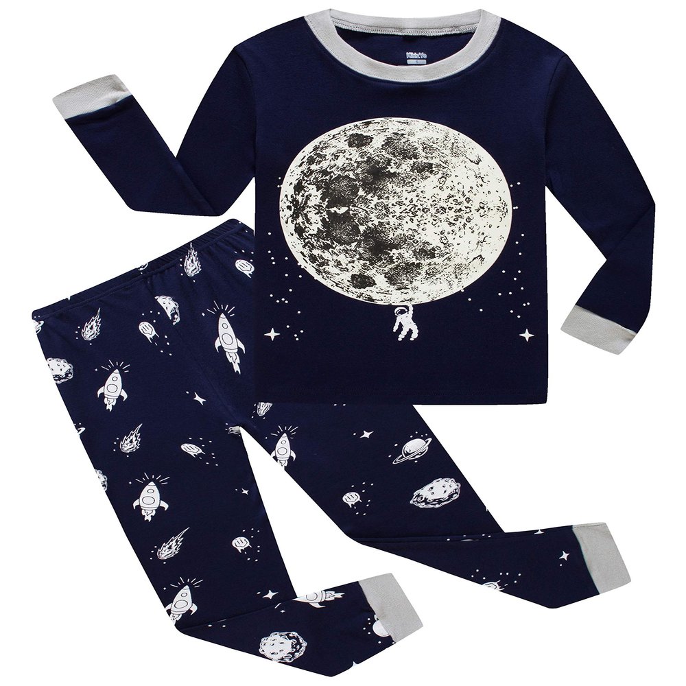 KikizYe Little Boys Glow in the Dark Moon Space Long Sleeve Pajamas 100% Cotton Sleepwear Toddler Size 3T