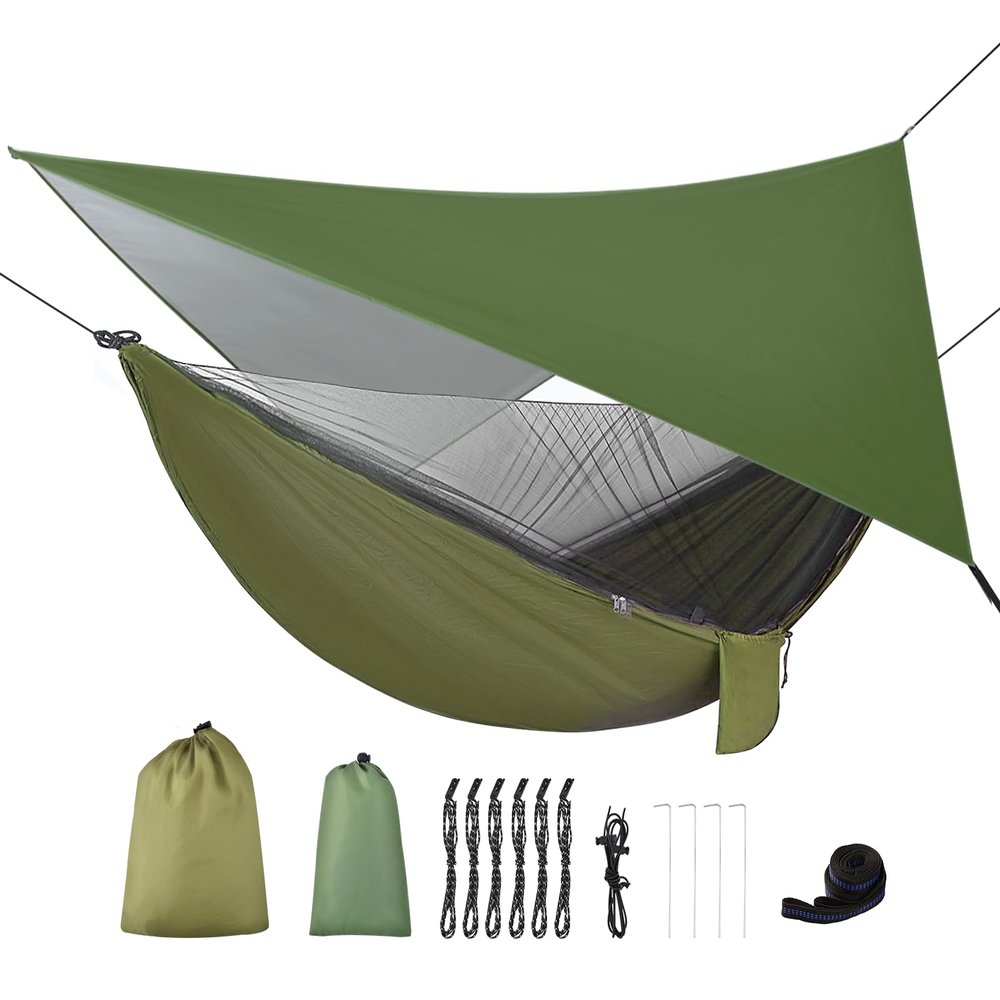 FIRINER Camping Hammock with Rain Fly Tarp and Mosquito Net Tent Tree Straps, Portable Single Double Nylon Parachute Hammock Rainfly Set for Backpacking Hiking Travel Yard Outdoor Activities Green