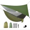 FIRINER Camping Hammock with Rain Fly Tarp and Mosquito Net Tent Tree Straps, Portable Single Double Nylon Parachute Hammock Rainfly Set for Backpacking Hiking Travel Yard Outdoor Activities Green view 1