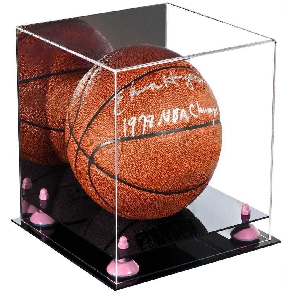 Better Display Cases Basketball Holder Clear Full Size Acrylic Display Case with Pink Risers ,Black Two Tiered Base ,Mirror Back 11" L x 11" W x 11" H (A001-PNR)