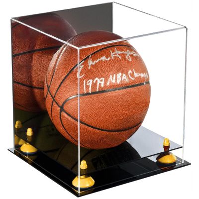 Better Display Cases Basketball Holder Clear Full Size Acrylic Display Case with Yellow Risers ,Black Two Tiered Base ,Mirror Back 11" L x 11" W x 11" H (A001-YR)