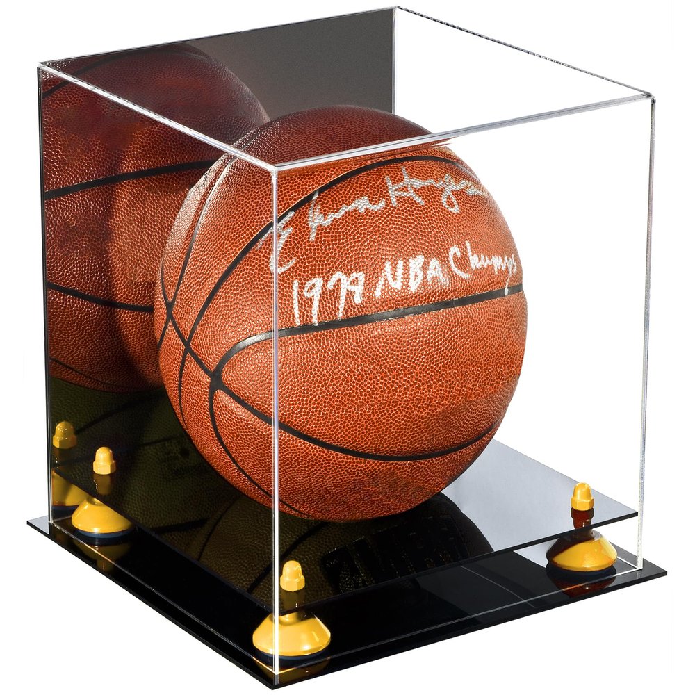 Better Display Cases Basketball Holder Clear Full Size Acrylic Display Case with Yellow Risers ,Black Two Tiered Base ,Mirror Back 11" L x 11" W x 11" H (A001-YR)