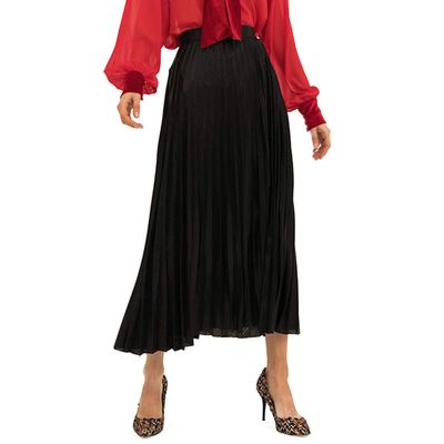 Itemnew Women's Stylish Metallic Color Shiny High Waist Pleated Swing Long Skirt (Medium, Black)