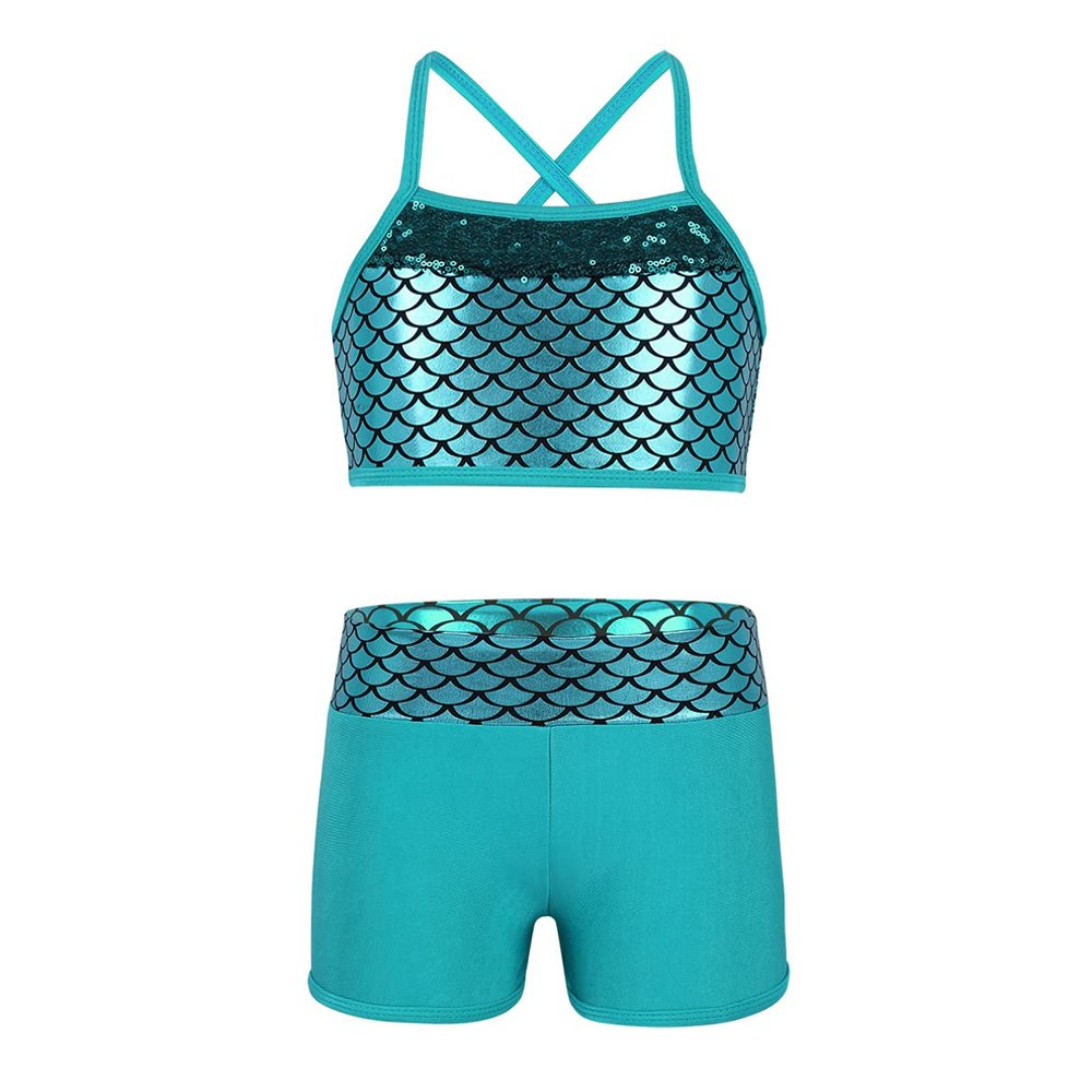 Moily Kids Girls Mermaid 2 Pcs Tankini Metallic Criss Cross Back Crop Top with Booty Shorts Dance/Party Set Lake Blue 10