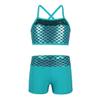 Moily Kids Girls Mermaid 2 Pcs Tankini Metallic Criss Cross Back Crop Top with Booty Shorts Dance/Party Set Lake Blue 10 view 1