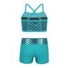 Moily Kids Girls Mermaid 2 Pcs Tankini Metallic Criss Cross Back Crop Top with Booty Shorts Dance/Party Set Lake Blue 10 view 2