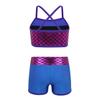 Moily Kids Girls Mermaid 2 Pcs Tankini Metallic Criss Cross Back Crop Top with Booty Shorts Dance/Party Set Blue 10 view 2