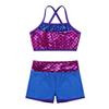 Moily Kids Girls Mermaid 2 Pcs Tankini Metallic Criss Cross Back Crop Top with Booty Shorts Dance/Party Set Blue 10 view 3