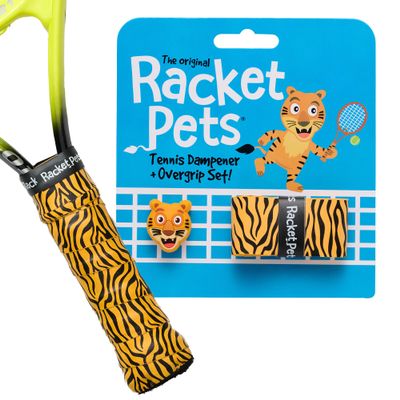 Racket Pets Kids Tennis Racket Dampener & Matching Overgrip Tape, Performance Shock Absorbing Dampener for Tennis Racket & Fun Animal Print Tennis Wrap Grip Tape (Tiger)