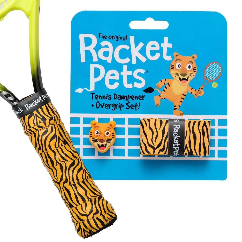Racket Pets Kids Tennis Racket Dampener & Matching Overgrip Tape, Performance Shock Absorbing Dampener for Tennis Racket & Fun Animal Print Tennis Wrap Grip Tape (Tiger)