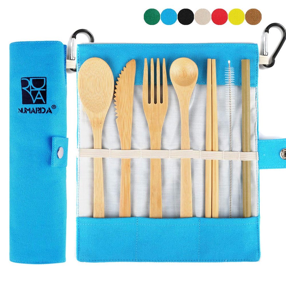 Bamboo Utensils, Eco Friendly Flatware Set,Cutlery Set,Travel Utensils, Camping Utensils Set, Portable Utensils Set, Knife, Fork, Spoon, Reusable Straws Chopsticks, 7 Pieces,7.9 inch