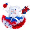 4th of July Baby Girl Outfit American Flag Romper + Ruffle Tulle Tutu Skirt + Flower Headband + Shoes Toddler 1st Birthday Unicorn Dress Independence Day Patriotic Party Clothes 4pcs Set White 6-12M view 1