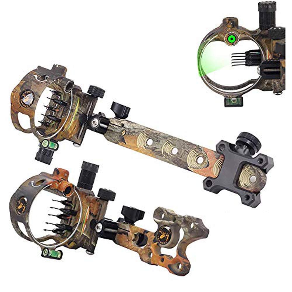 ZSHJGJR Archery Bow Sight 5 Pin 0.019 Optical Fiber Sight CNC Aluminum Horizontal Vertical Adjustment for Compound Bow Sight Accessory (Camo-Long-5 pins)
