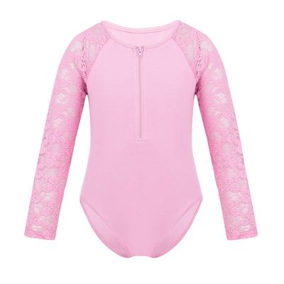 Agoky Kids Girls Team Basic Long Sleeves Gymnastics Ballet Leotard Dancewear Sports Top Outfits Unitard Costumes Pink Lace 12