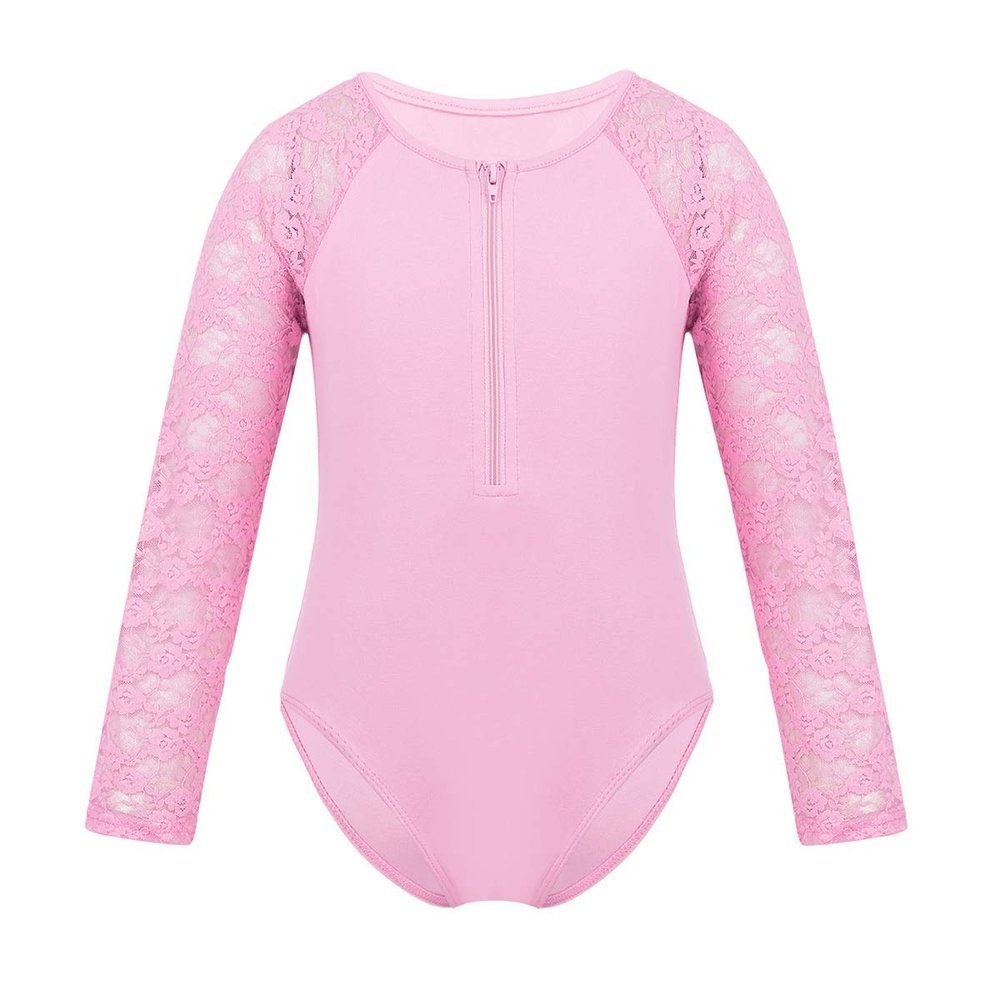 Agoky Kids Girls Team Basic Long Sleeves Gymnastics Ballet Leotard Dancewear Sports Top Outfits Unitard Costumes Pink Lace 12