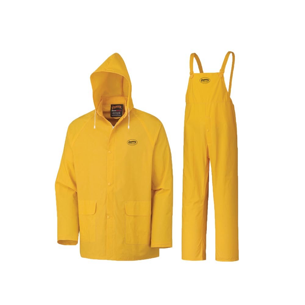 Pioneer Waterproof PVC Work Suit for Men Repel Rain Gear Yellow Safety Jacket and Bib Pants - 3 PC Set With Detachable Hood - X-Large