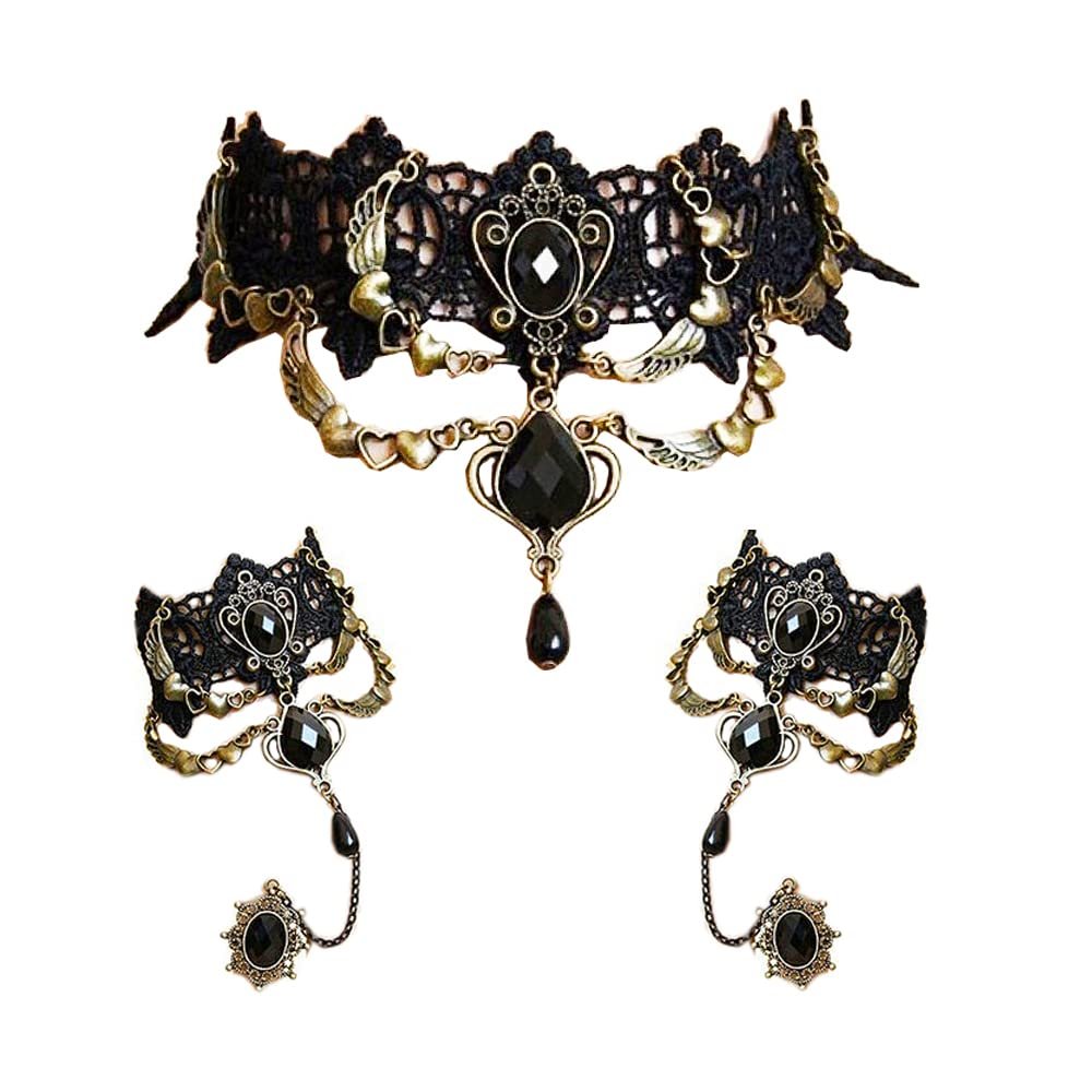 Daimay Black Choker Lace Necklace with Bracelet Set Punk Party Gothic Vintage Handmade Retro Bracelet Wristband for Women  Style 2