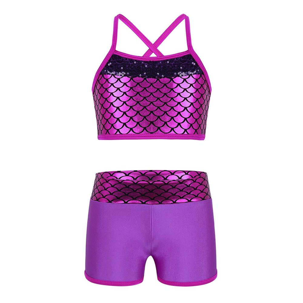 Moily Kids Girls Mermaid 2 Pcs Tankini Metallic Criss Cross Back Crop Top with Booty Shorts Dance/Party Set Rose Red 10