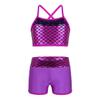 Moily Kids Girls Mermaid 2 Pcs Tankini Metallic Criss Cross Back Crop Top with Booty Shorts Dance/Party Set Rose Red 10 view 1