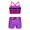 Moily Kids Girls Mermaid 2 Pcs Tankini Metallic Criss Cross Back Crop Top with Booty Shorts Dance/Party Set Rose Red 10 view 2