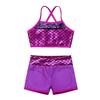 Moily Kids Girls Mermaid 2 Pcs Tankini Metallic Criss Cross Back Crop Top with Booty Shorts Dance/Party Set Rose Red 10 view 3