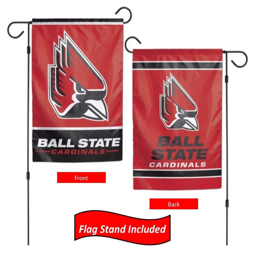 College Garden Flag Set With Stand, Printed in the USA, 12.5" x 18" College Flag With Three Piece Steel Yard Flag Stand Holder (Ball State)