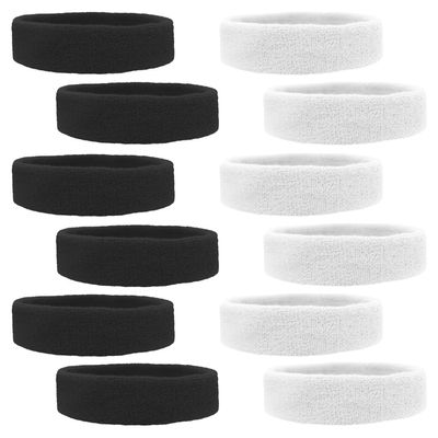 Kenz Laurenz Cotton Sports Sweatbands, Headbands Terry Cloth Moisture Wicking Athletic Basketball Headband (Pack of 12) Black/White - Fits Most