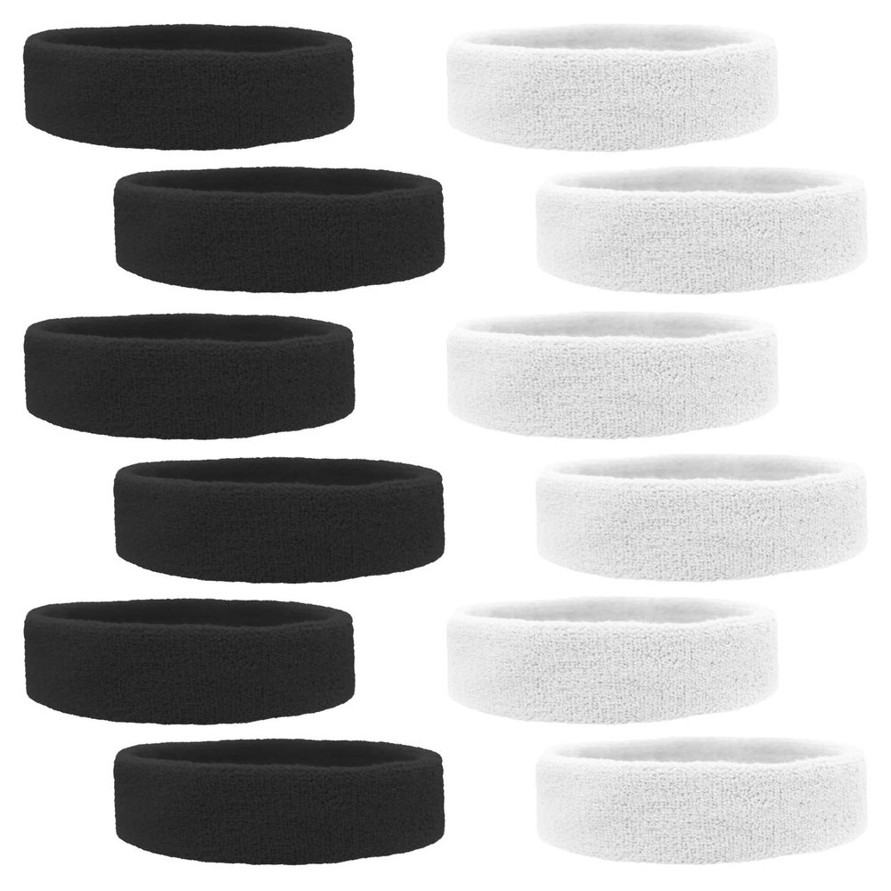 Kenz Laurenz Cotton Sports Sweatbands, Headbands Terry Cloth Moisture Wicking Athletic Basketball Headband (Pack of 12) Black/White - Fits Most