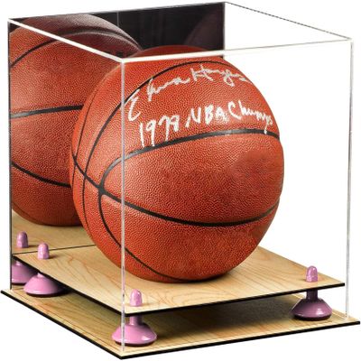 Better Display Cases Basketball Holder Clear Full Size Acrylic Display Case with Pink Risers ,Wood Two Tiered Base ,Mirror Back 11" L x 11" W x 11" H (A001-PNR)
