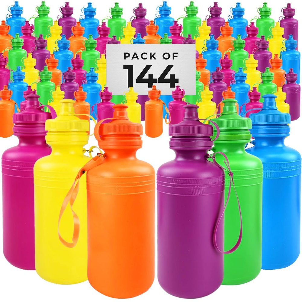 144 Neon Water Sports Bottles for Bikes | MEGA Bulk Pack, 7.5 inches, Wrist Strap | Awesome Summer Beach Accessory Holds 18 Ounces of Drinks to Keep Kids Hydrated (144 Bottles)