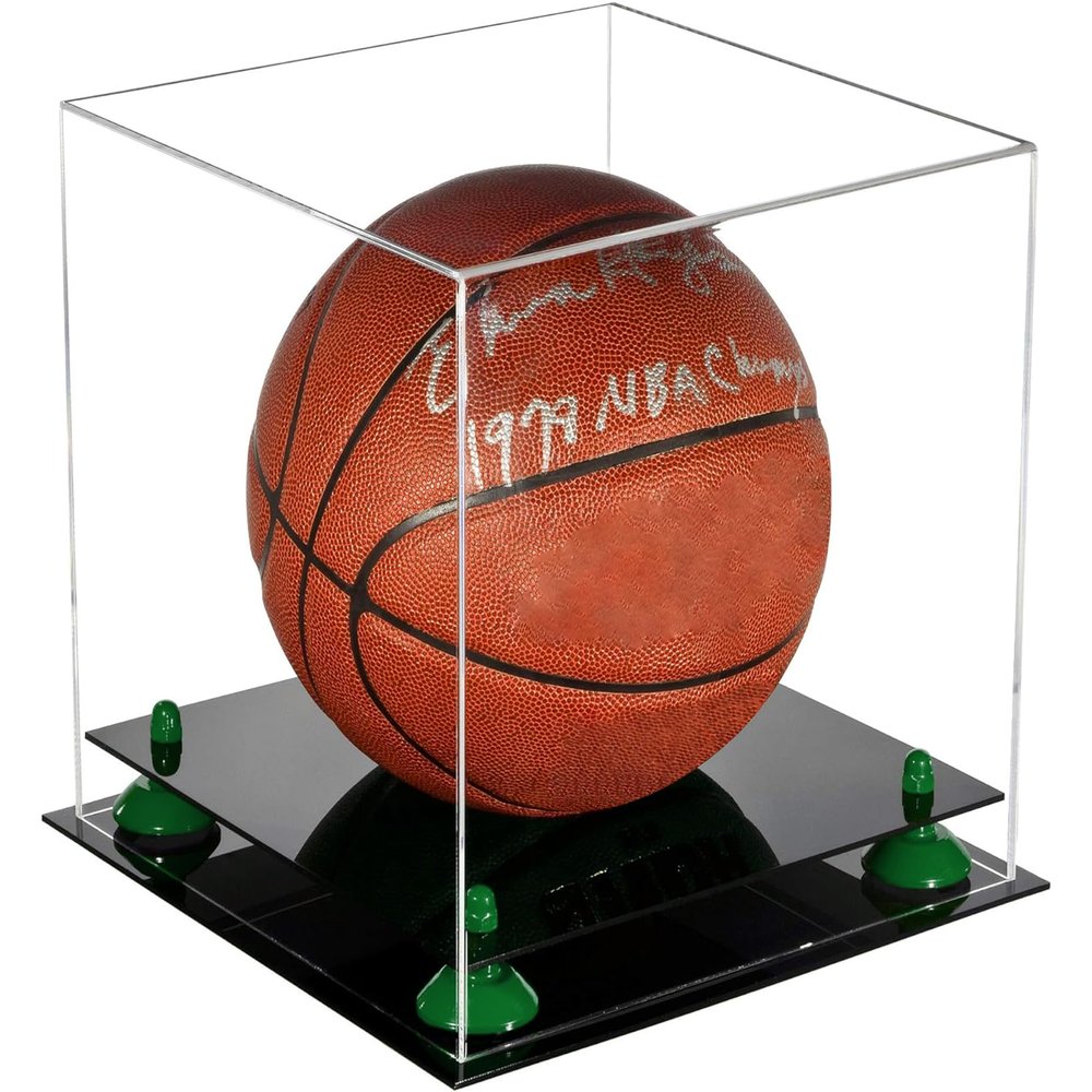 Better Display Cases Basketball Holder Clear Full Size Acrylic Display Case with Green Risers ,Black Two Tiered Base ,Clear Back 11" L x 11" W x 11" H (A001-GRR)