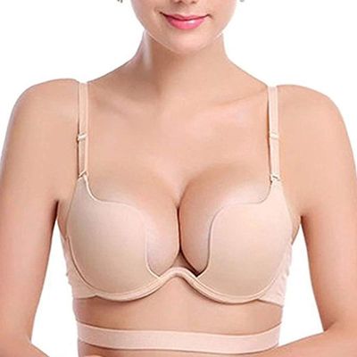 Lefox Women Deep U Multi-Way Convertible Plunge Bra Criss, Apricot, Size 42C