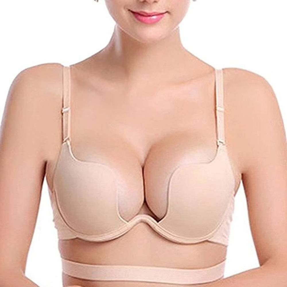 Lefox Women Deep U Multi-Way Convertible Plunge Bra Criss, Apricot, Size 42C