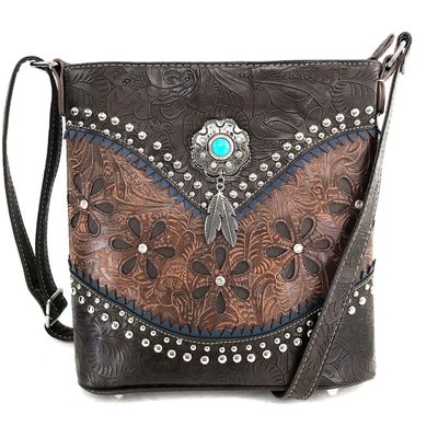 Zelris Floral Western Pu Tooled Leather Turquoise Concho Feathers Women Concealed Carry Crossbody Messenger Bag (Brown)