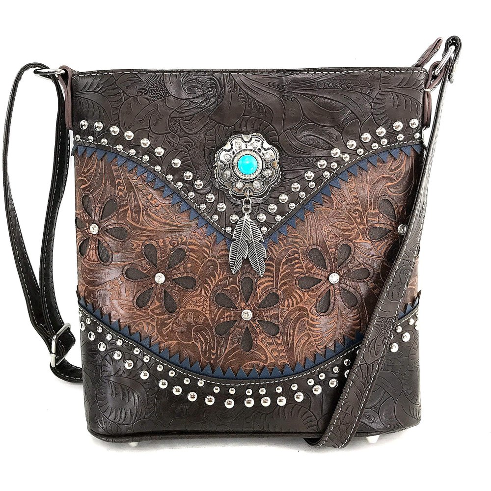 Zelris Floral Western Pu Tooled Leather Turquoise Concho Feathers Women Concealed Carry Crossbody Messenger Bag (Brown)