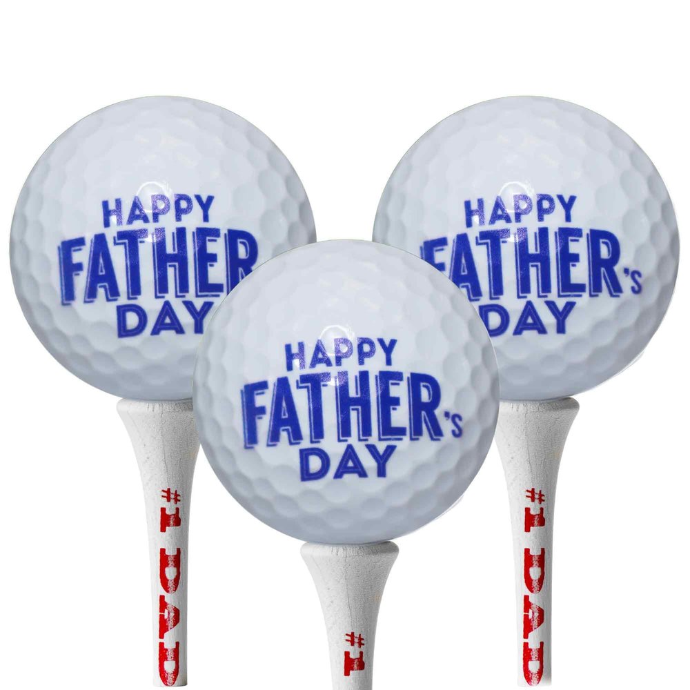 Fathers Day Golf Gift Set 3 Golf Balls Printed with Happy Fathers Day & 20 White Tees Printed with #1 DAD Tournament Quality Balls Unique Gift for Dad or Grandpa