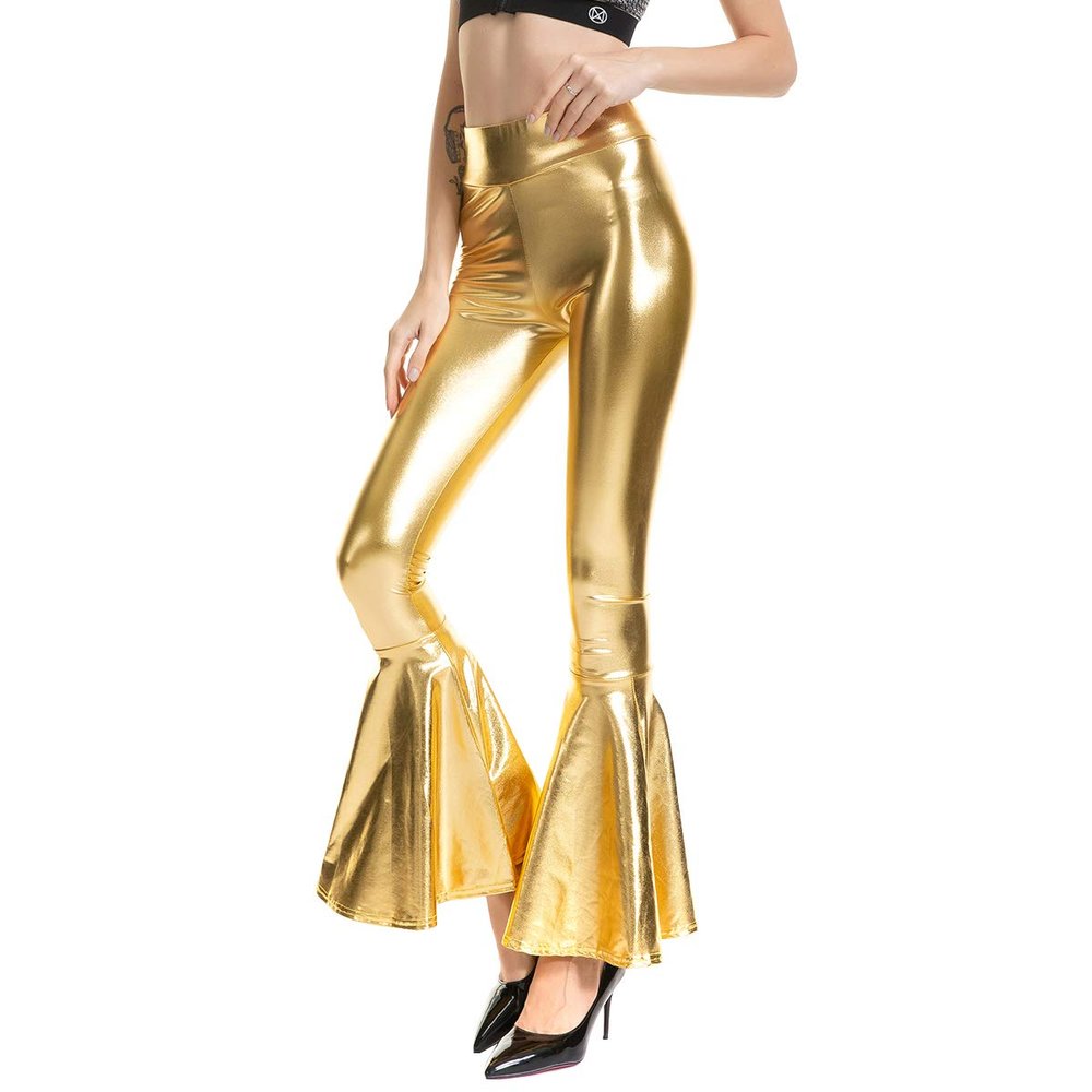 Women High Rise Slim Fitted Pants Ruffle Hem Mermaid Wet Look Bell Bottoms Long Trousers Nightwear Clubwear Halloween Costume Fancy Dress Up Night Party Dance Party Golden M