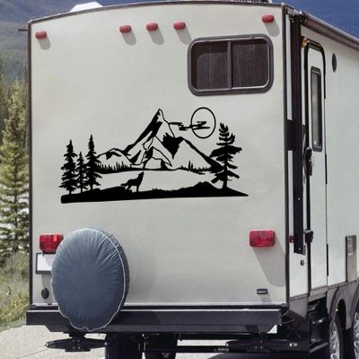 Wolf Mountain Moon Vinyl Sticker - RV Camper Graphics Scenery - Die Cut Decal - 44w x 17h inches