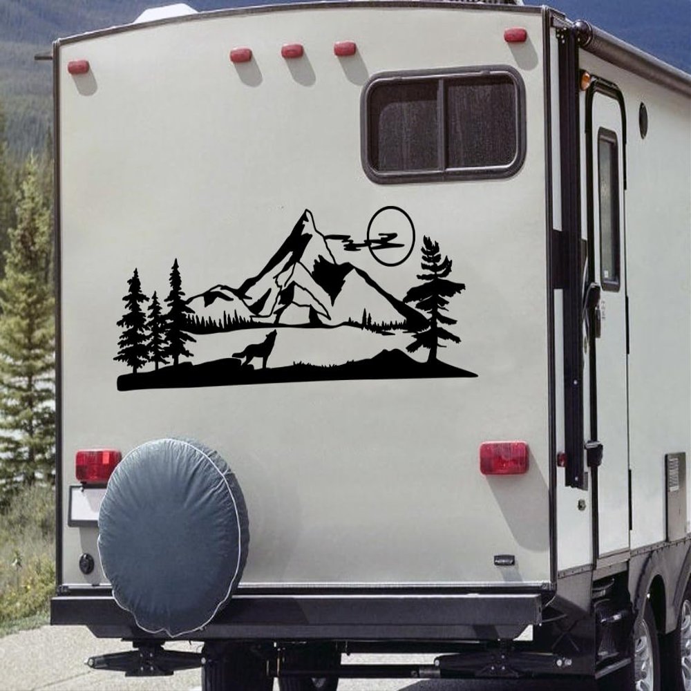 Wolf Mountain Moon Vinyl Sticker - RV Camper Graphics Scenery - Die Cut Decal - 44w x 17h inches