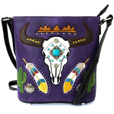Zelris Longhorn Skull Embroidered Feather Cactus Design Women Concealed Carry Crossbody Messenger Bag (Purple)