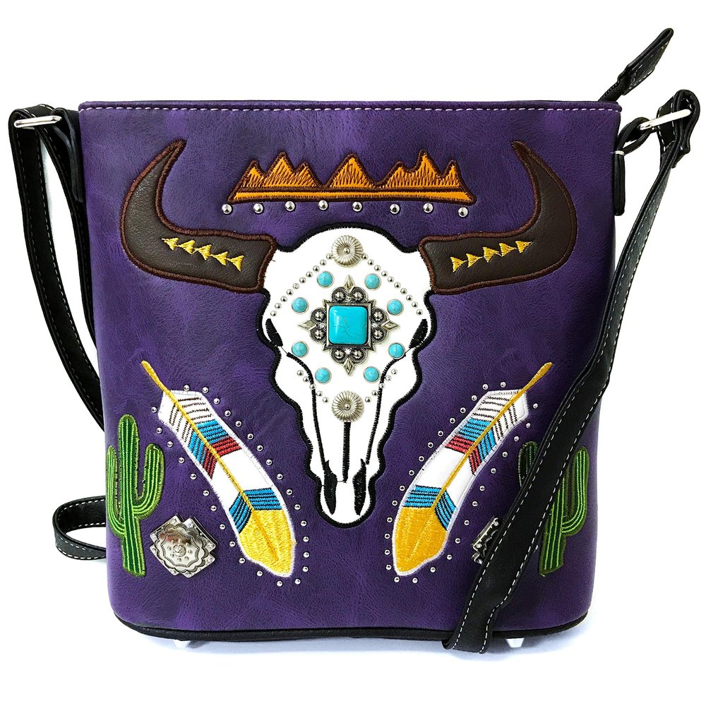 Zelris Longhorn Skull Embroidered Feather Cactus Design Women Concealed Carry Crossbody Messenger Bag (Purple)