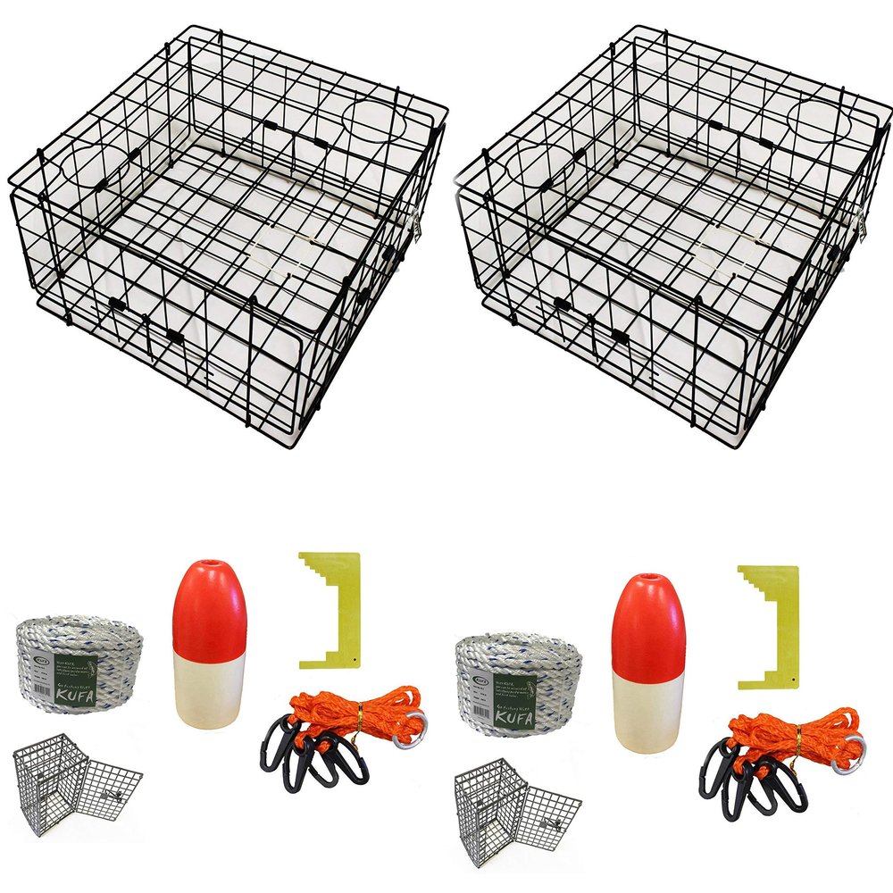 2-Pack of KUFA Vinyl Coated Crab Traps & Accessory Kits (100' Non-Lead Sinking line,Caliper,Harness,Bait Bag & 14" Float) (S60+CEM3) x2