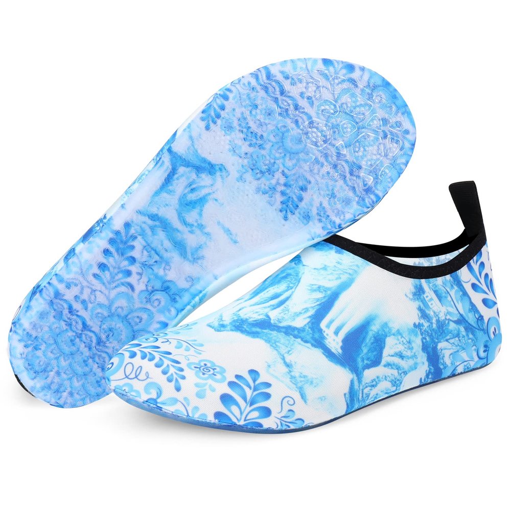 ANLUKE Water Shoes Barefoot Aqua Yoga Socks Quick-Dry Beach Swim Surf Shoes for Women Men Cyan/Flower 36/37