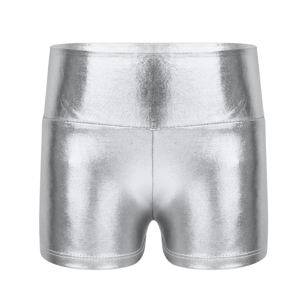 YEAHDOR Big Girls' Metallic High Waist Ballet Jazz Dance Booty Shorts Gymnastics Sports Tumbling Workout Legging Silver 8