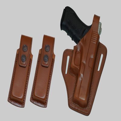 ALIS3392090 Pancake Leather Holster Thumb Break RH & Two Single Magazine Pouches for Glock 19 Glock 23 Handmade!