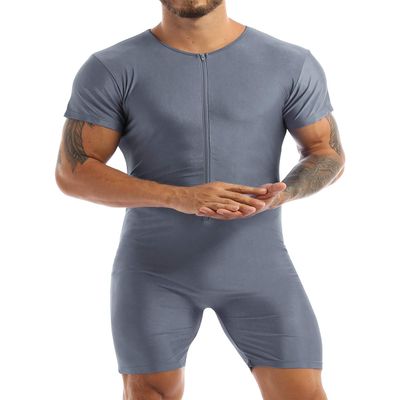 easyforever Men's Stretchy Short Sleeves Leotard Gym Workout Athletic Wrestling Singlet Bodysuit Gray Medium