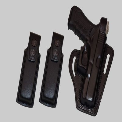 ALIS3372090 Pancake Leather Holster Thumb Break RH & Two Single Magazine Pouches for Glock 17 Glock 22 Handmade!