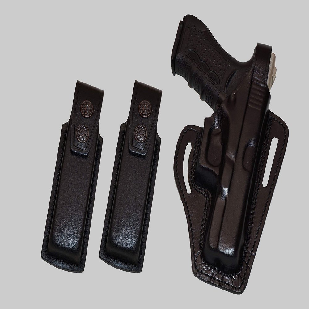 ALIS3372090 Pancake Leather Holster Thumb Break RH & Two Single Magazine Pouches for Glock 17 Glock 22 Handmade!